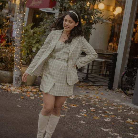 Reworked 60s vintage green plaid 4 piece set blazer, top, skirt and belt - Picture 6 of 8